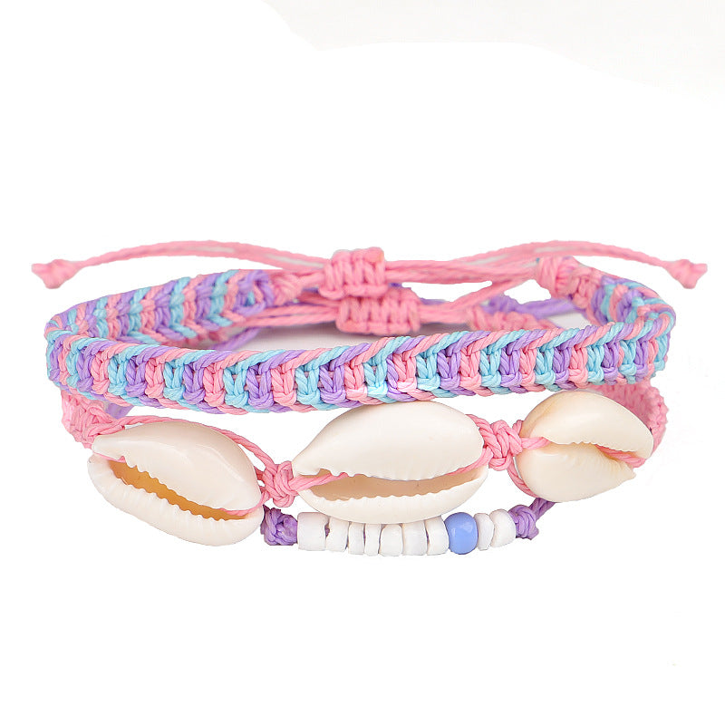 Wholesale Bohemian Colorful Wax Thread Seashell Bracelet Set